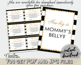 How Big Is MOMMY'S BELLY baby shower game with white black color stripes theme printable, glitter gold, Jpg Pdf, instant download - bs001
