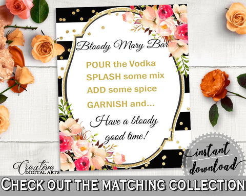 Black And Gold Flower Bouquet Black Stripes Bridal Shower Theme: Bloody Mary Bar Sign - cocktail bar sign, party decor, party plan - QMK20 - Digital Product