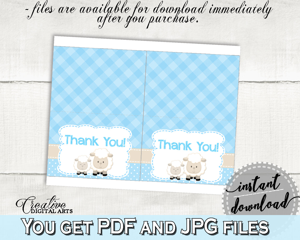 Little Lamb Blue THANK YOU card, baby shower boy blue theme printable, sheep thank you, digital files, jpg pdf, instant download - fa001