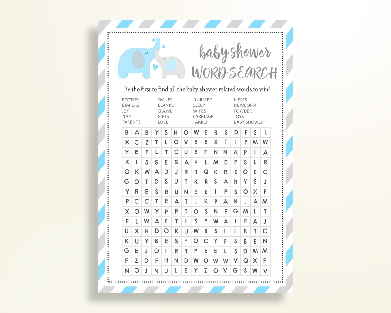 Word Search Baby Shower Word Search Elephant Baby Shower Word Search Blue Gray Baby Shower Elephant Word Search party ideas pdf jpg C0U64 - Digital Product