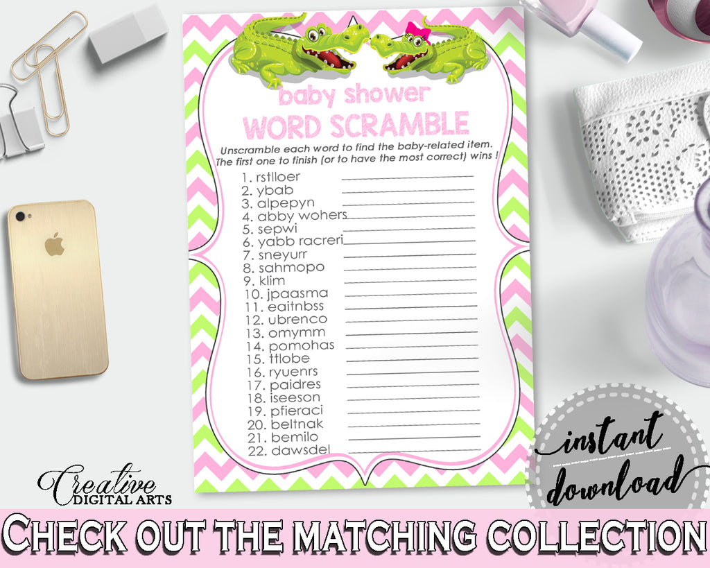 WORD SCRAMBLE baby shower game with green alligator and pink color theme, instant download - ap001