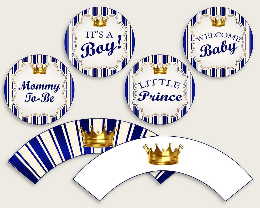 Royal Prince Cupcake Toppers, Blue Gold Cupcake Wrappers, Toppers Wrappers Baby Shower Boy, Instant Download, Prince Theme Navy King rp001