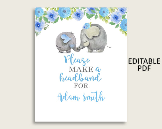 Elephant Blue Baby Shower Headband Sign, Blue Gray Headband Station Sign Editable, Boy Shower Headband For Baby, Instant Download, ebl01