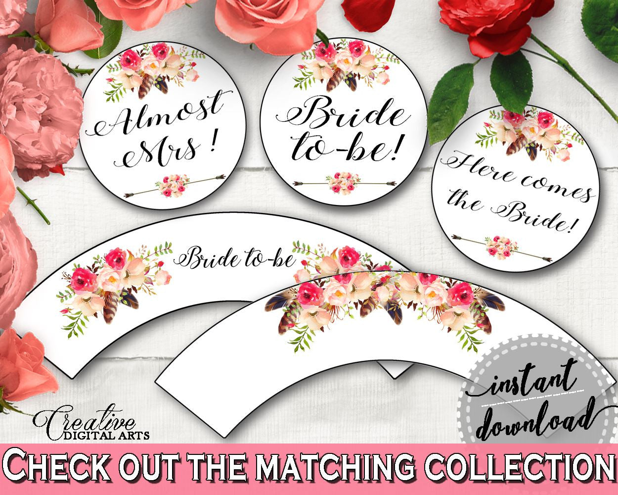 Pink And Red Bohemian Flowers Bridal Shower Theme: Cupcake Toppers And Wrappers - cupcake casing, beautiful bridal, party plan - 06D7T - Digital Product