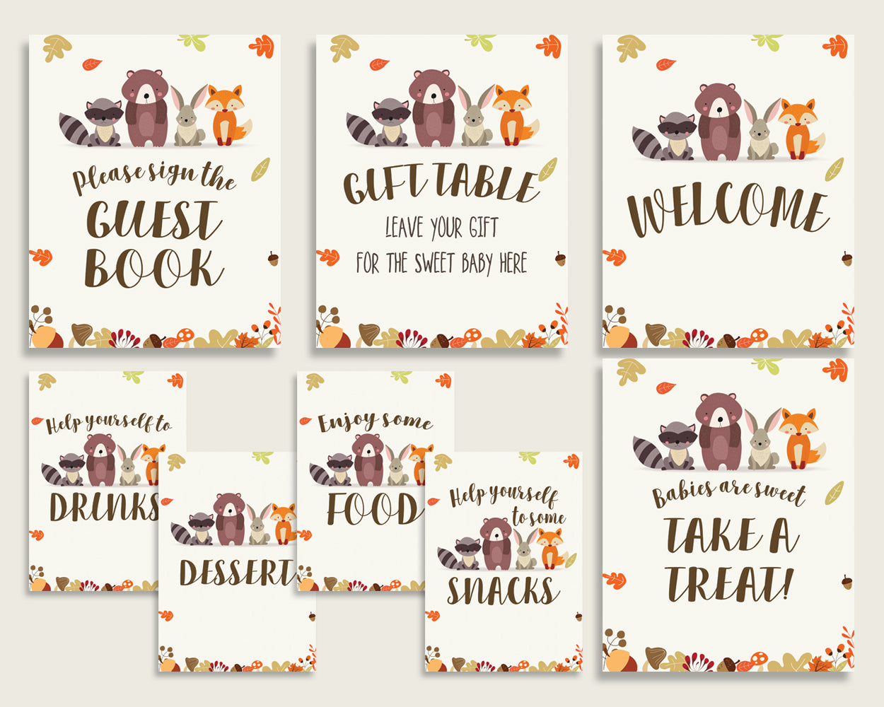 Woodland Baby Shower Gender Neutral Table Signs Printable, Brown Beige Party Table Decor, Favors, Food, Drink, Treat, Guest Book w0001
