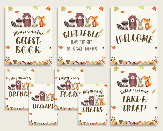 Woodland Baby Shower Gender Neutral Table Signs Printable, Brown Beige Party Table Decor, Favors, Food, Drink, Treat, Guest Book w0001