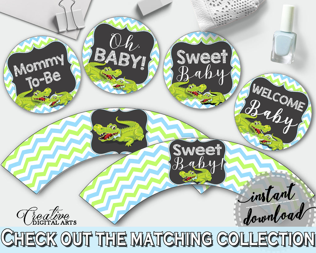 Baby shower CUPCAKE TOPPERS and CUPCAKE WRAPPERS printable with green alligator and blue color theme for boy, instant download - ap002