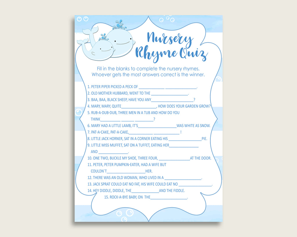 Whale Nursery Rhyme Quiz Printable, Blue White Nursery Rhyme Game, Blue White Baby Shower Boy Activities, Instant Download, Light Blue wbl01