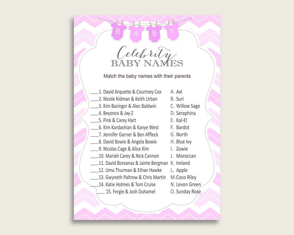 Pink White Celebrity Baby Names, Chevron Baby Shower Girl Name Game Printable, Celebrity Match Game, Famous Babies Game, Celebrity cp001