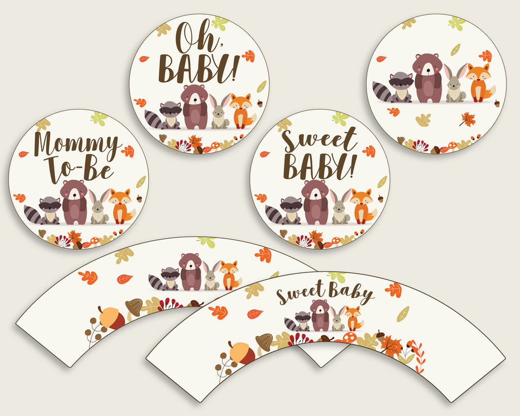 Woodland Cupcake Toppers, Brown Beige Cupcake Wrappers, Toppers Wrappers Baby Shower Gender Neutral, Instant Download, Bear Forest w0001