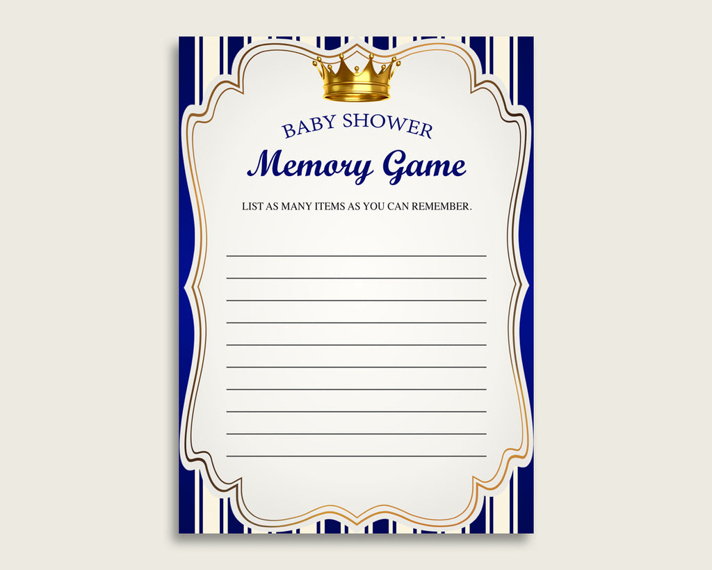Royal Prince Baby Shower Memory Game, Blue Gold Memory Guessing Game Printable, Baby Shower Boy, Instant Download, Royal Blue rp001