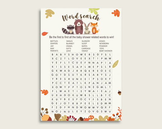 Woodland Word Search Game, Brown Beige Baby Shower Word Search Cards Printable, Gender Neutral Baby Shower Activities, Hidden Words w0001