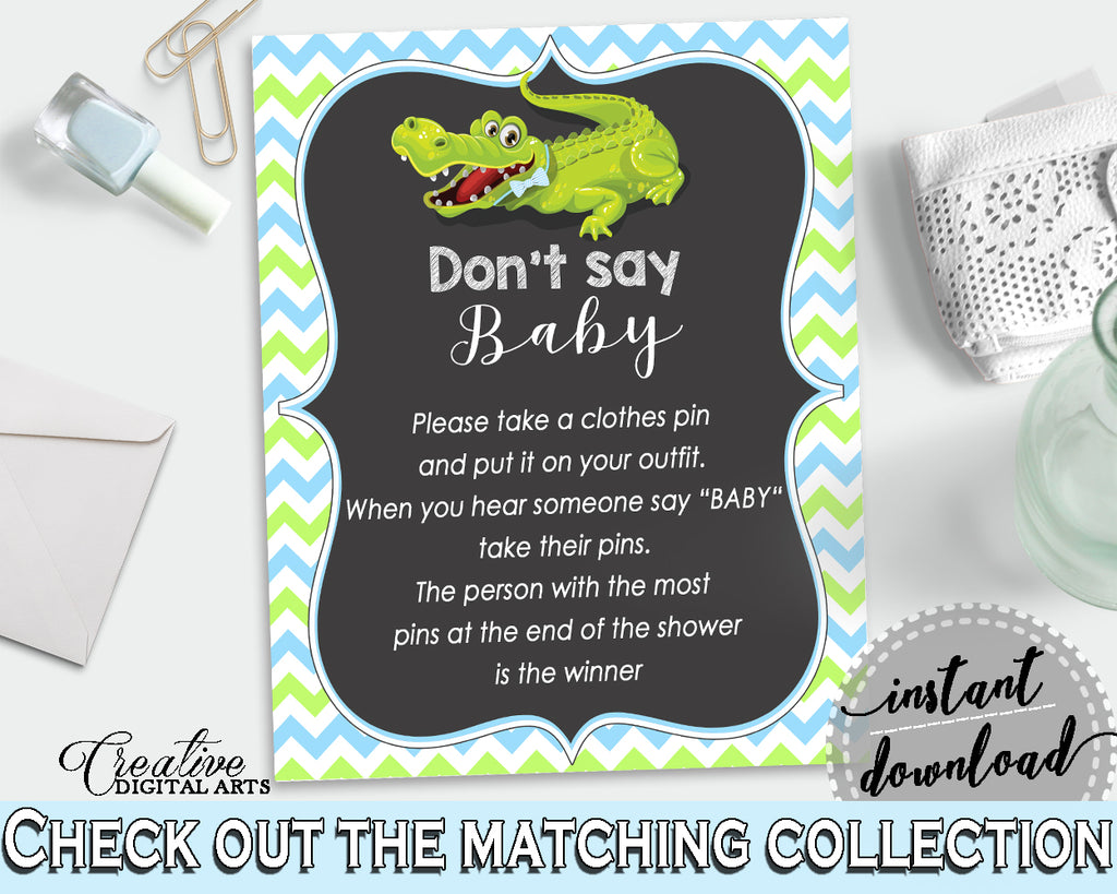 DON'T SAY BABY game for baby shower with green alligator and blue color theme, instant download - ap002