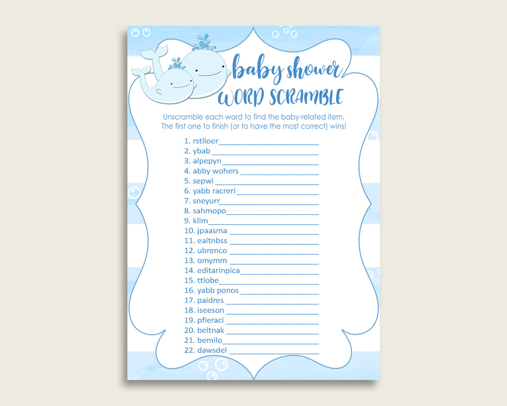 Boy Baby Shower Word Scramble Game Printable, Cute Whale Blue White Word Scramble, Funny Activity, Instant Download, Light Blue wbl01