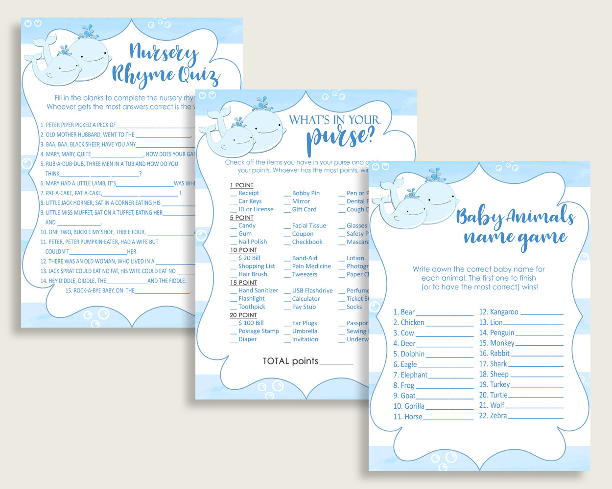 Whale Baby Shower Games Printable Pack, Blue White Baby Shower Games Package Boy, Whale Games Bundle Set, Instant Download, Light Blue wbl01