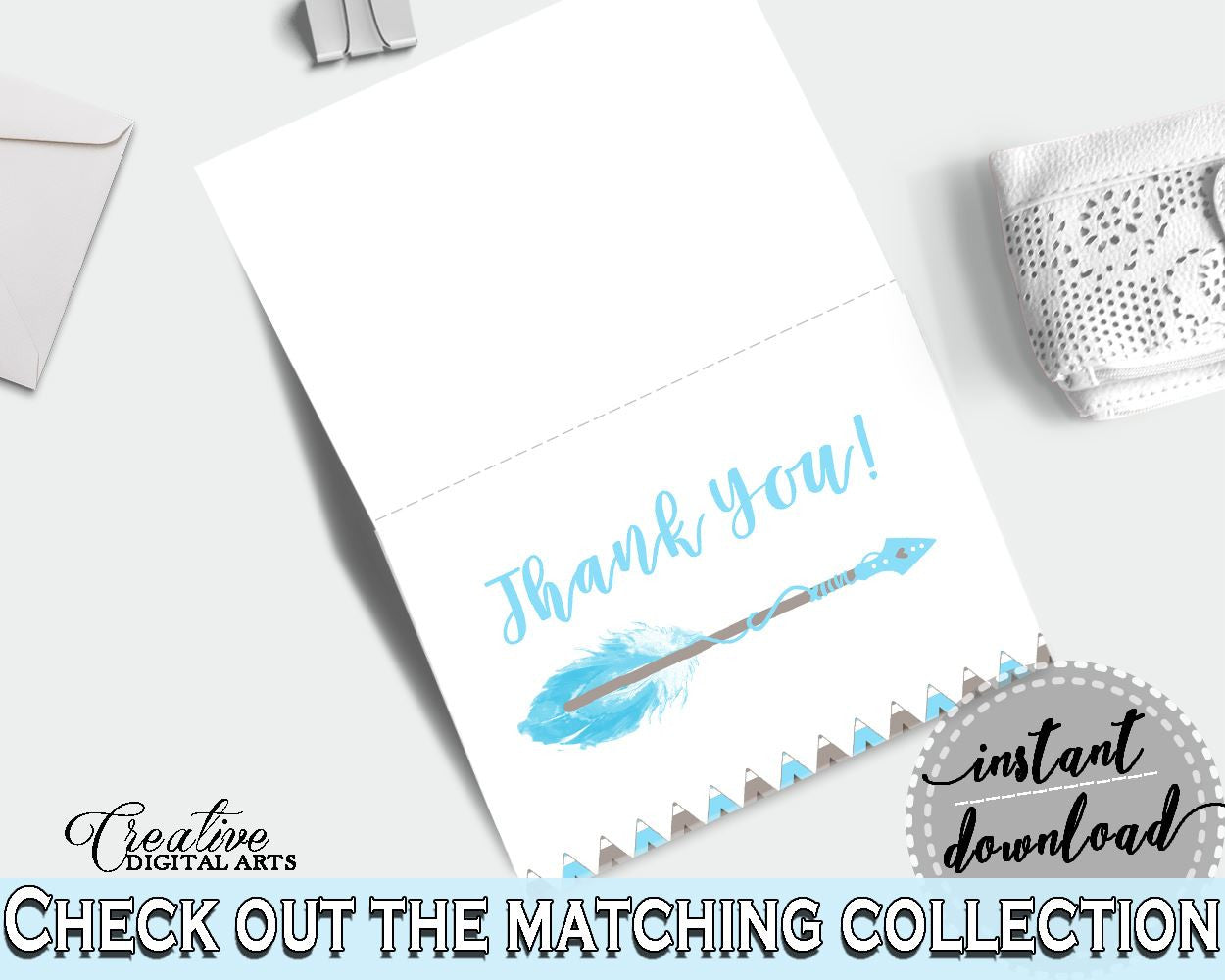 Thank You Card Baby Shower Thank You Card Aztec Baby Shower Thank You Card Blue White Baby Shower Aztec Thank You Card - QAQ18 - Digital Product