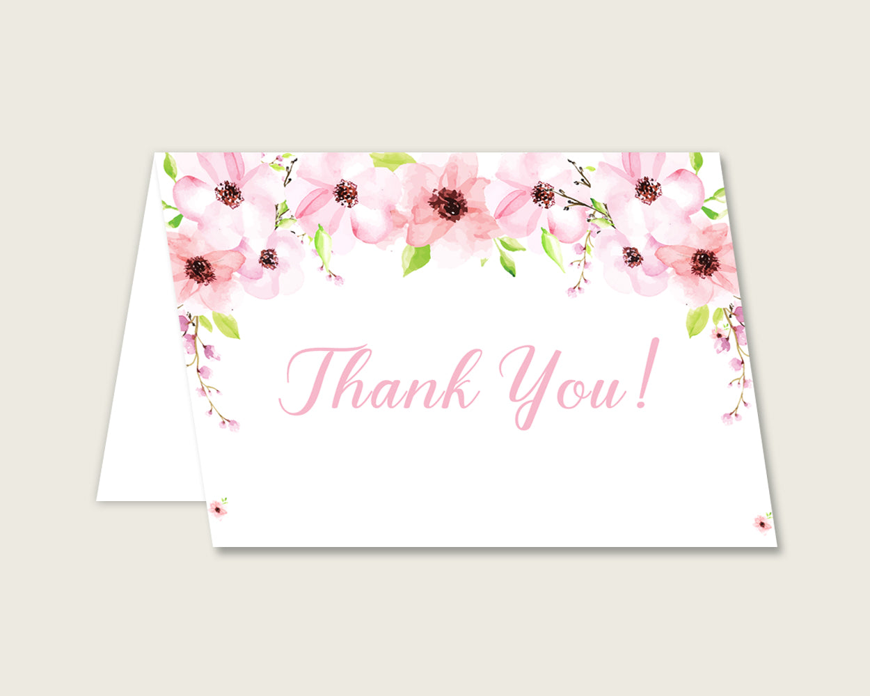 Pink Green Thank You Cards Printable, Flower Blush Baby Shower Thank You Notes, Girl Shower Thank You Folded, Instant Download, VH1KL