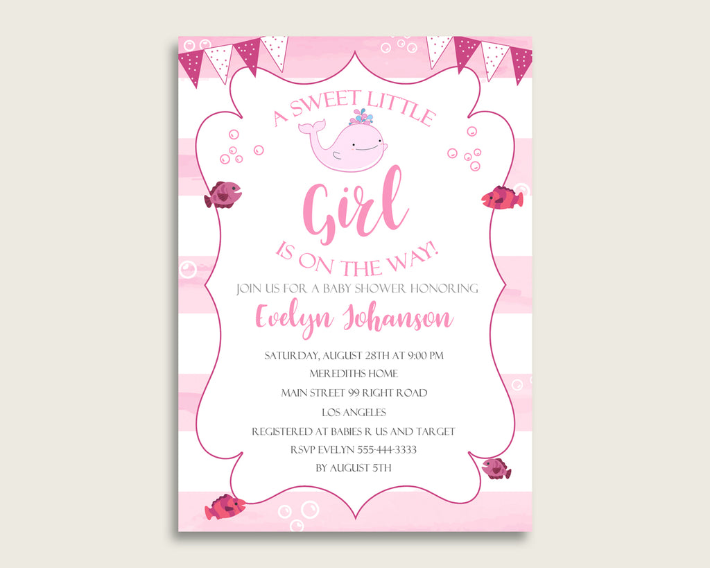 Invitation Baby Shower Invitation Pink Whale Baby Shower Invitation Baby Shower Pink Whale Invitation Pink White Watercolor Stripes wbl02