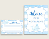 Whale Advice For Mommy To Be Cards & Sign, Printable Baby Shower Blue White Advice For New Parents, Instant Download, Light Blue wbl01