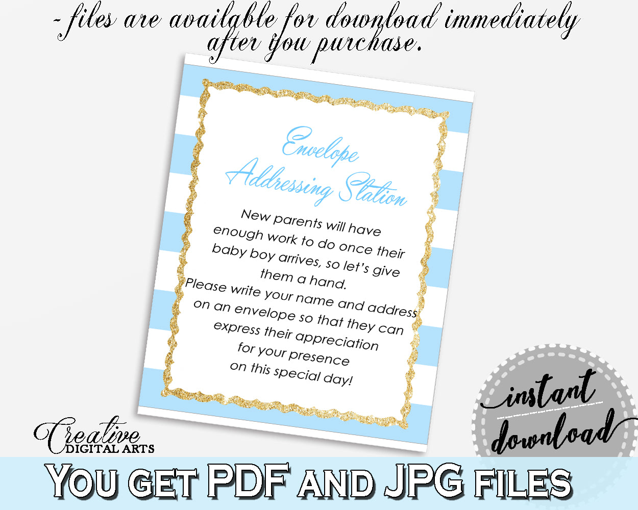 ENVELOPE ADDRESSING STATION baby shower sign with gold glitter title and blue and white stripes for boys, instant download - bs002