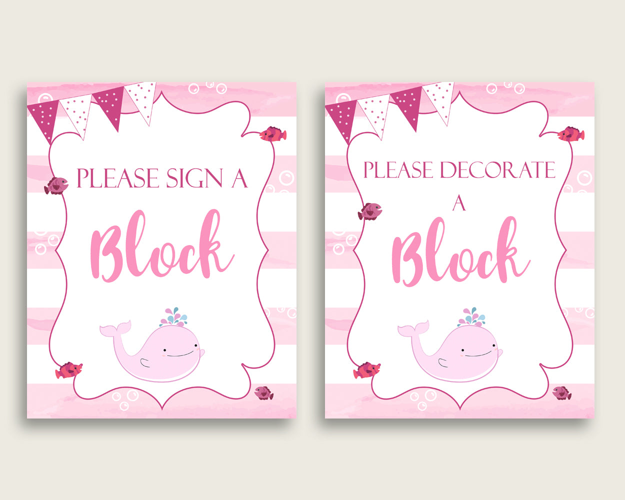 Pink White Please Sign A Block Sign and Decoarate A Block Sign Printables, Pink Whale Girl Baby Shower Decor, Instant Download, wbl02