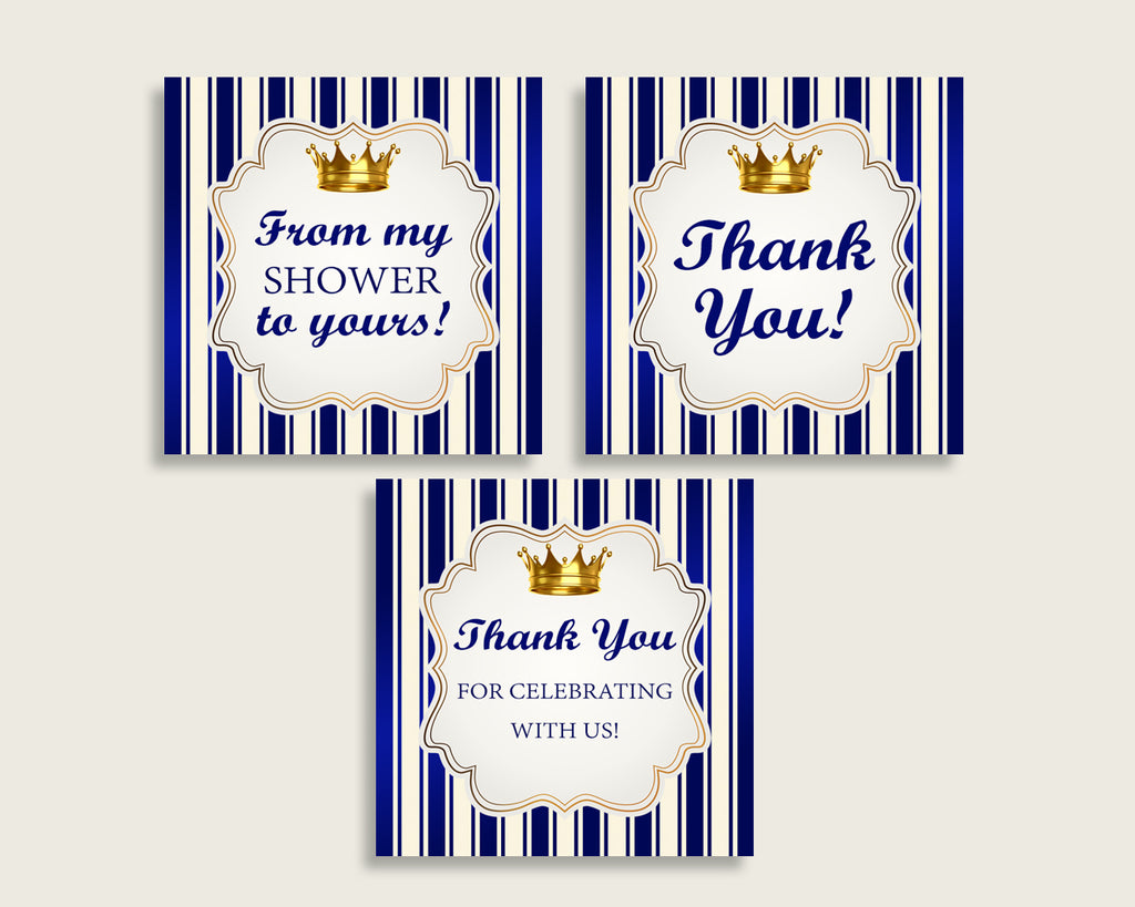 Royal Prince Baby Shower Square Thank You Tags 2 inch Printable, Blue Gold Boy Shower Gift Tags, Hang Tags Labels, Instant Download rp001