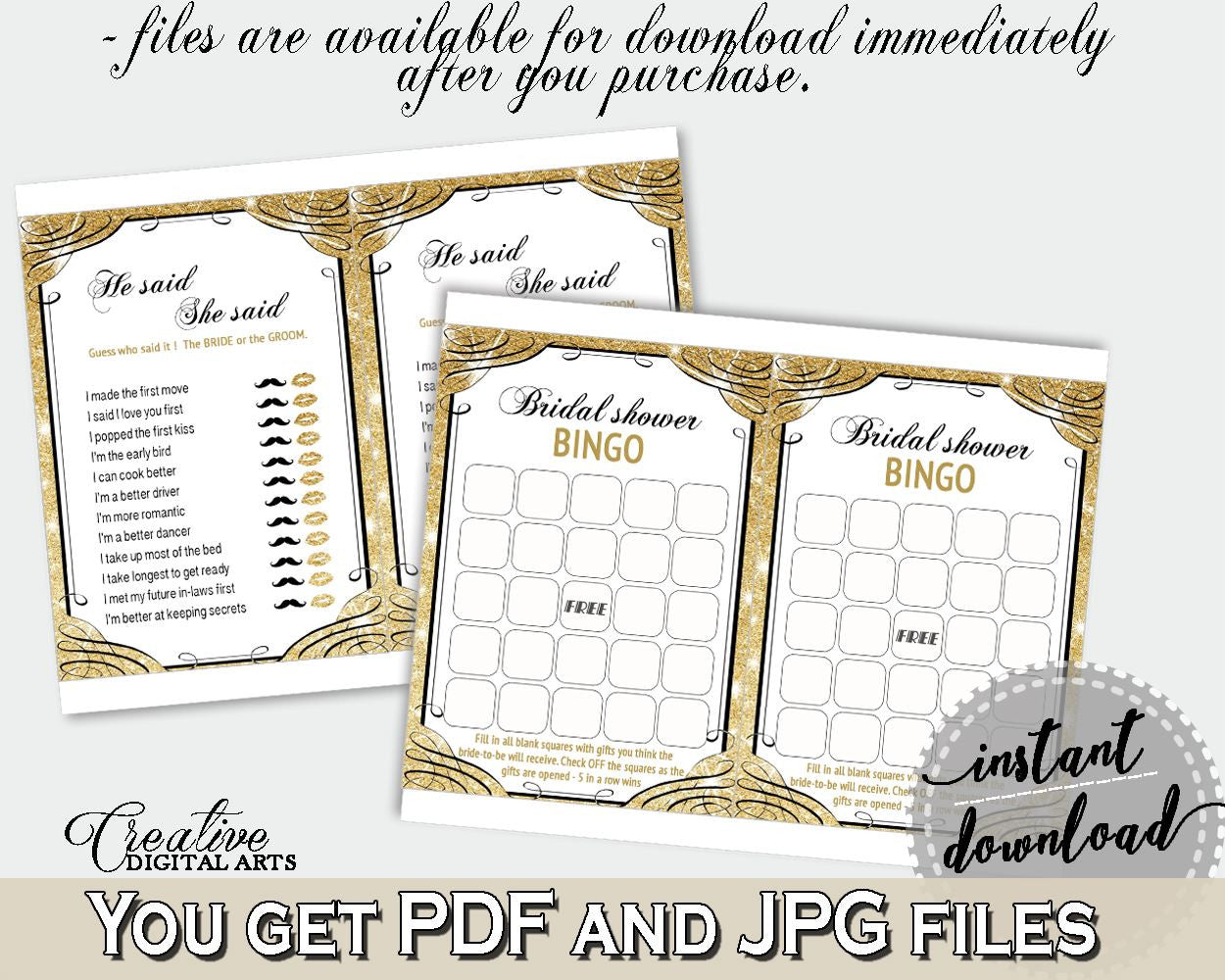 Games Bundle in Glittering Gold Bridal Shower Gold And Yellow Theme, he said she said, aureate shower, party decorations, party plan - JTD7P - Digital Product