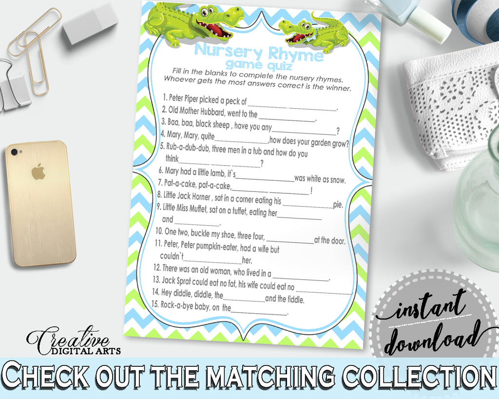 Baby Shower NURSERY RHYME QUIZ game with green alligator and blue color theme, instant download - ap002