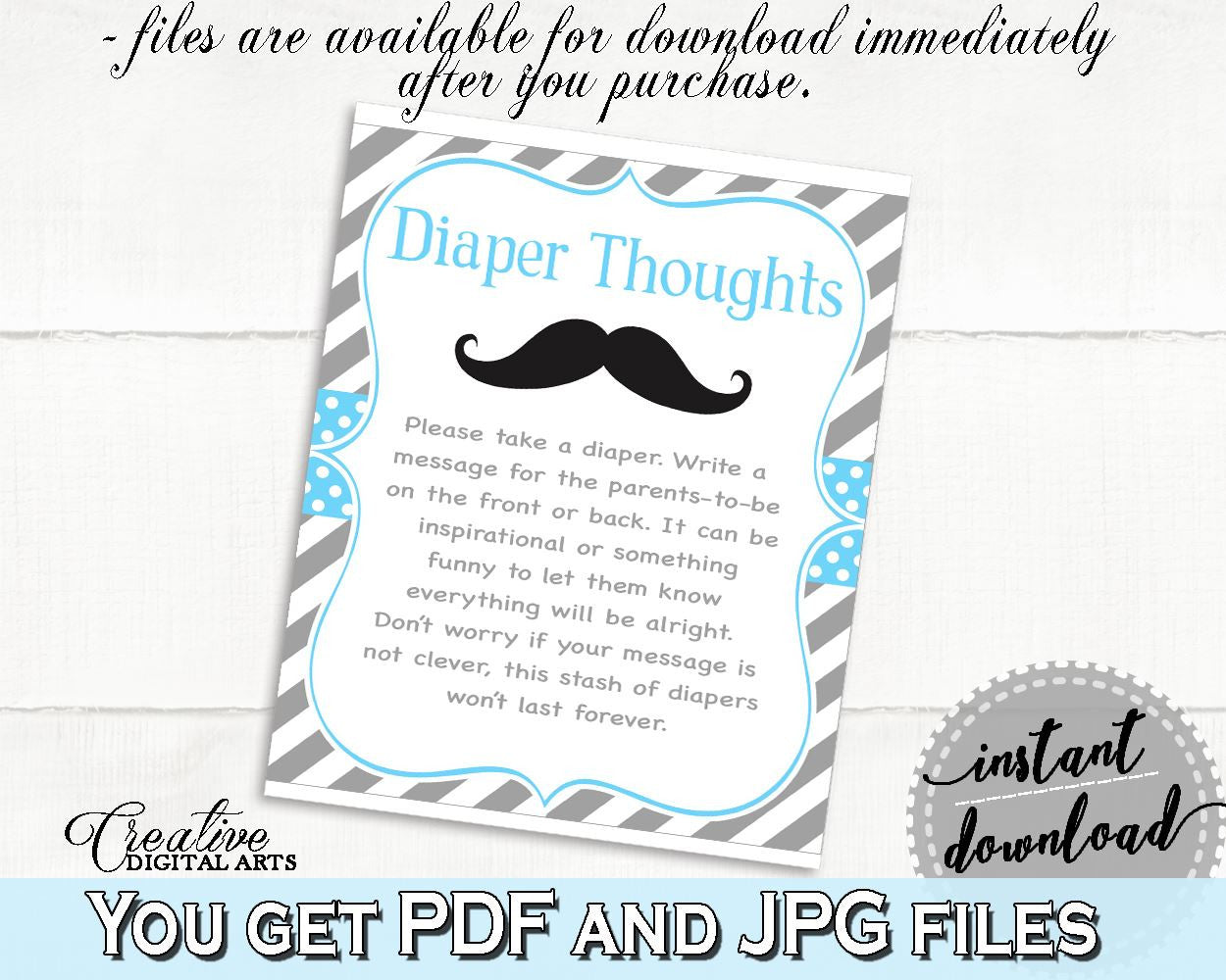 Blue Gray Diaper Thoughts, Baby Shower Diaper Thoughts, Mustache Baby Shower Diaper Thoughts, Baby Shower Mustache Diaper Thoughts 9P2QW - Digital Product