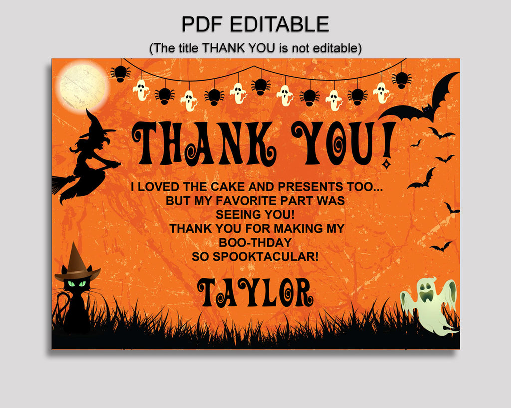 Halloween Thank You Cards, Halloween Birthday Thank You, Orange Black Editable Thank You Cards Boy Girl, GPF0F