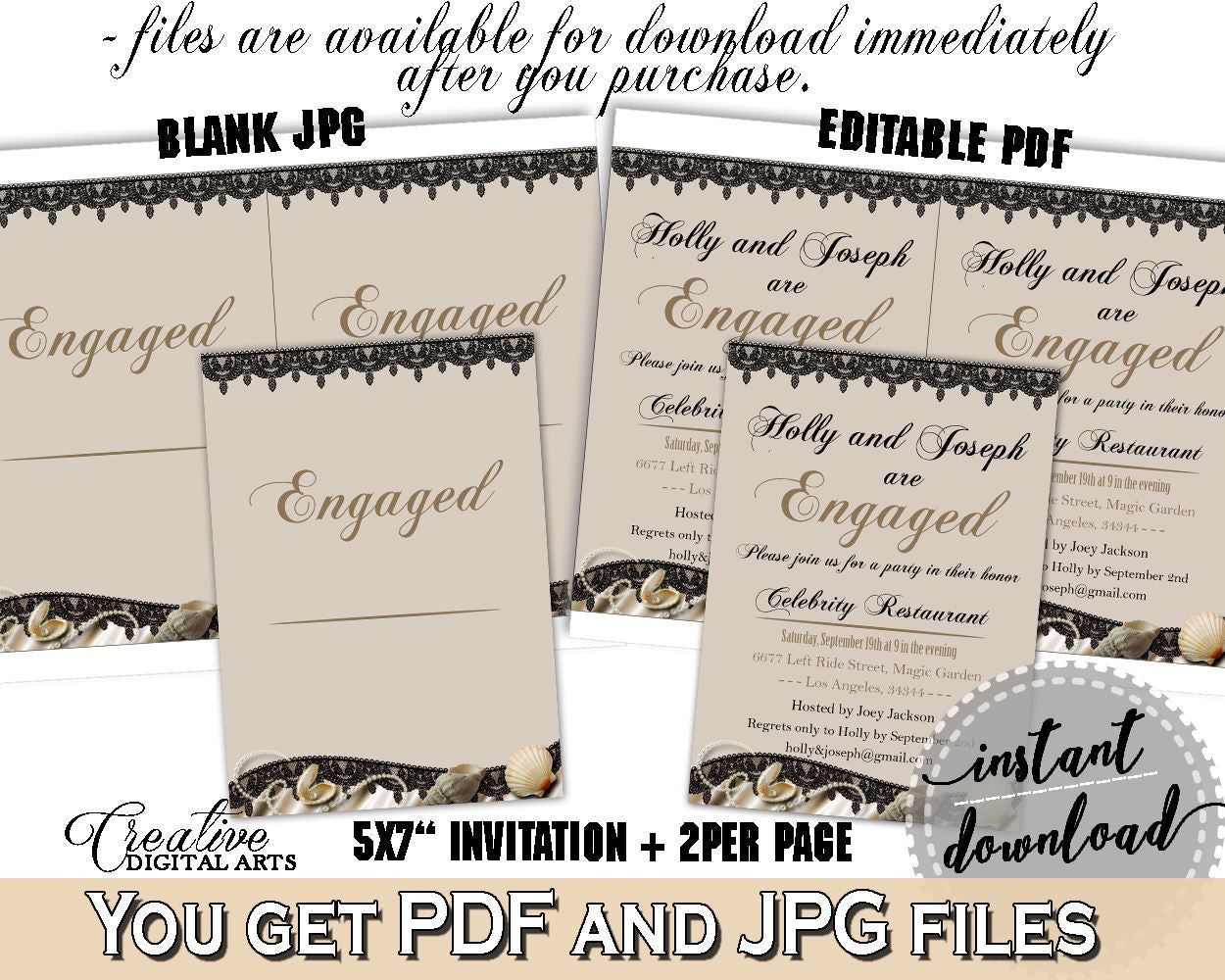 Brown And Beige Seashells And Pearls Bridal Shower Theme: Engaged Invitation Editable - engagement party, printable files, prints - 65924 - Digital Product