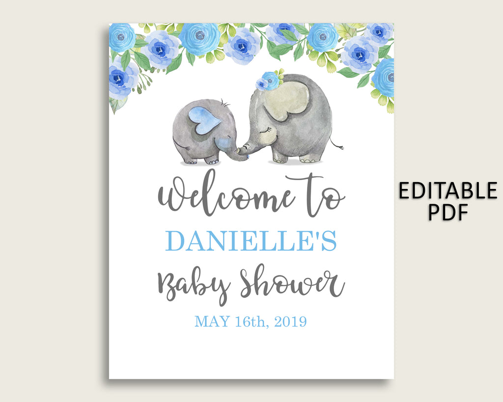 Blue Gray Elephant Blue Baby Shower Welcome Sign Printable, Party Large Sign, Editable Welcome Sign Boy, Yard Sign, Instant Download, ebl01