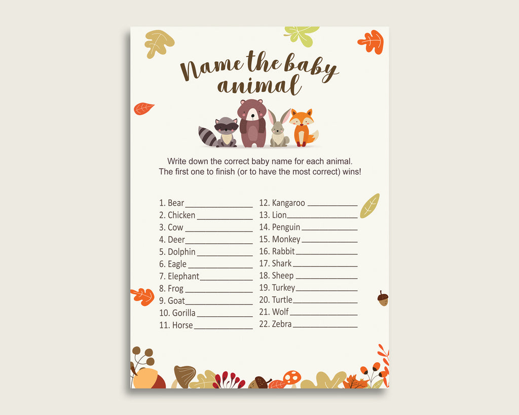 Woodland Name The Baby Animals Game Printable, Brown Beige Baby Shower Animal Game, Gender Neutral Baby Shower, Instant Download, w0001