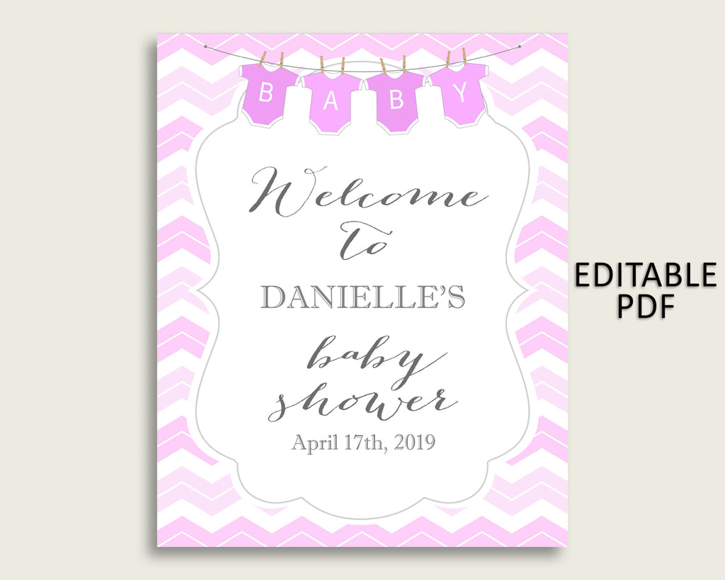 Pink White Chevron Baby Shower Welcome Sign Printable, Party Large Sign, Editable Welcome Sign Girl, Yard Sign, Instant Download, cp001