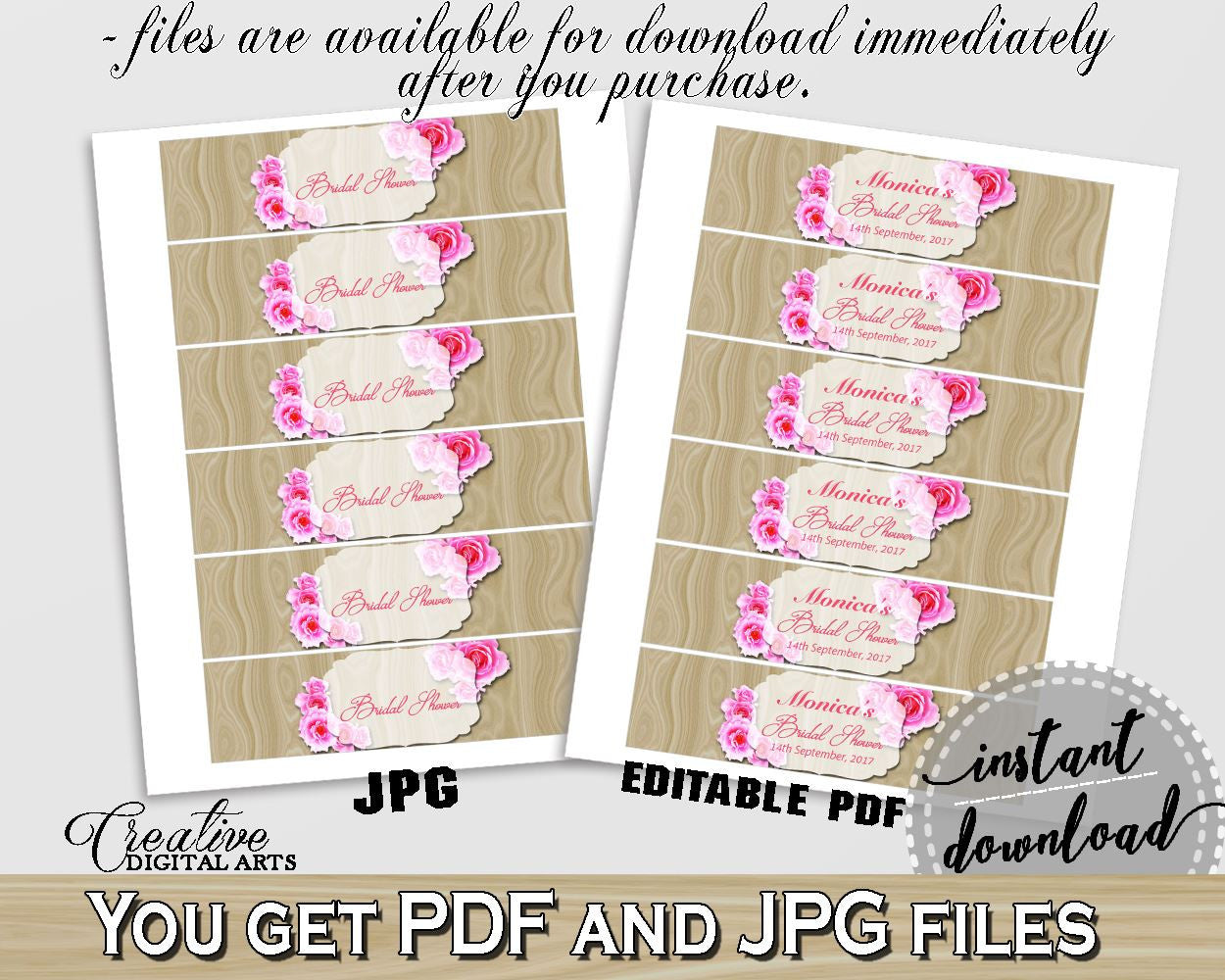 Roses On Wood Bridal Shower Napkin Ring Editable in Pink And Beige, napkin rings, shabby rose, digital print, party supplies, prints - B9MAI - Digital Product