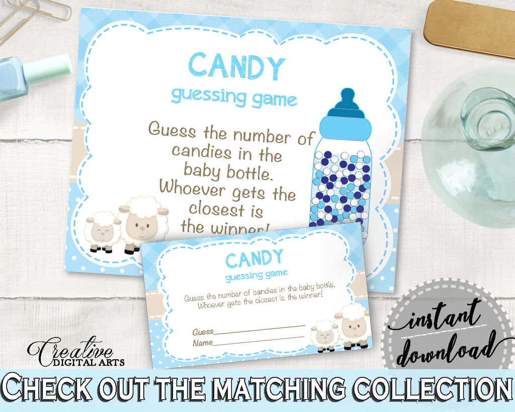 Little Lamb CANDY GUESSING GAME sign tickets, sheep baby shower boy blue theme printable, Guess How Many, Jpg Pdf, instant download - fa001
