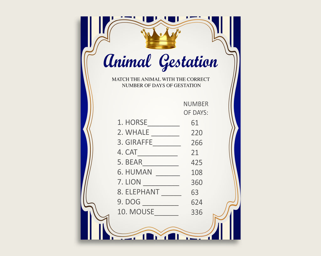 Royal Prince Animal Pregnancy Gestation Game, Blue Gold Baby Shower Boy Printable Activities, Instant Download, Prince Theme Navy rp001