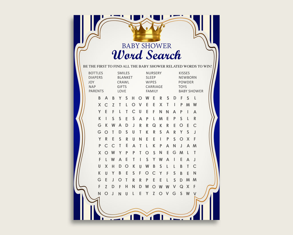 Royal Prince Word Search Game, Blue Gold Baby Shower Word Search Cards Printable, Boy Baby Shower Activities, Hidden Words, Instant rp001