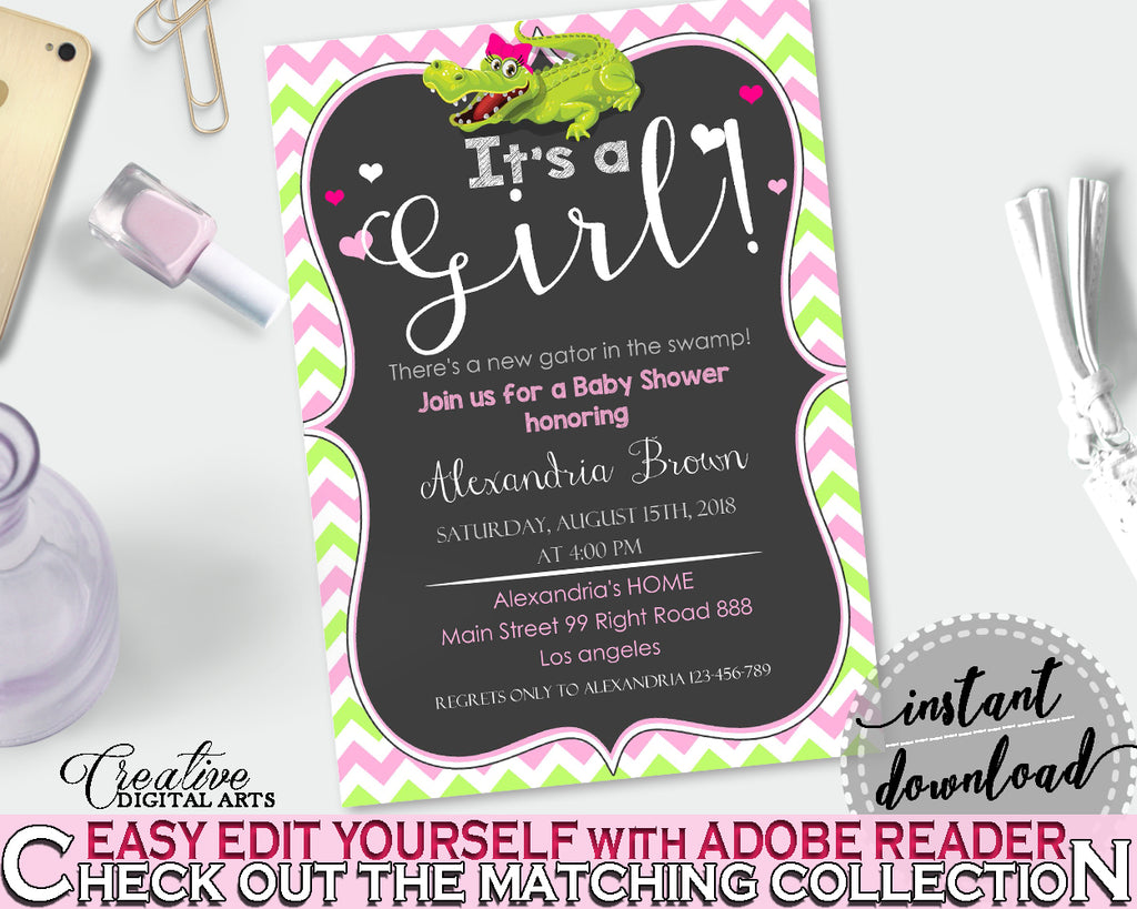Baby Shower INVITATION editable with green alligator and pink color theme, instant download - ap001
