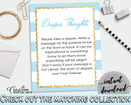 Baby shower DIAPER THOUGHTS printable game with blue and white stripes, glitter gold, digital file jpg pdf, instant download - bs002