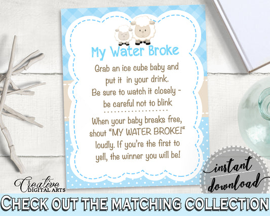 Baby Shower Boy MY WATER BROKE lamb game, sheep shower blue theme printable, Digital Files Jpg Pdf, instant download - fa001