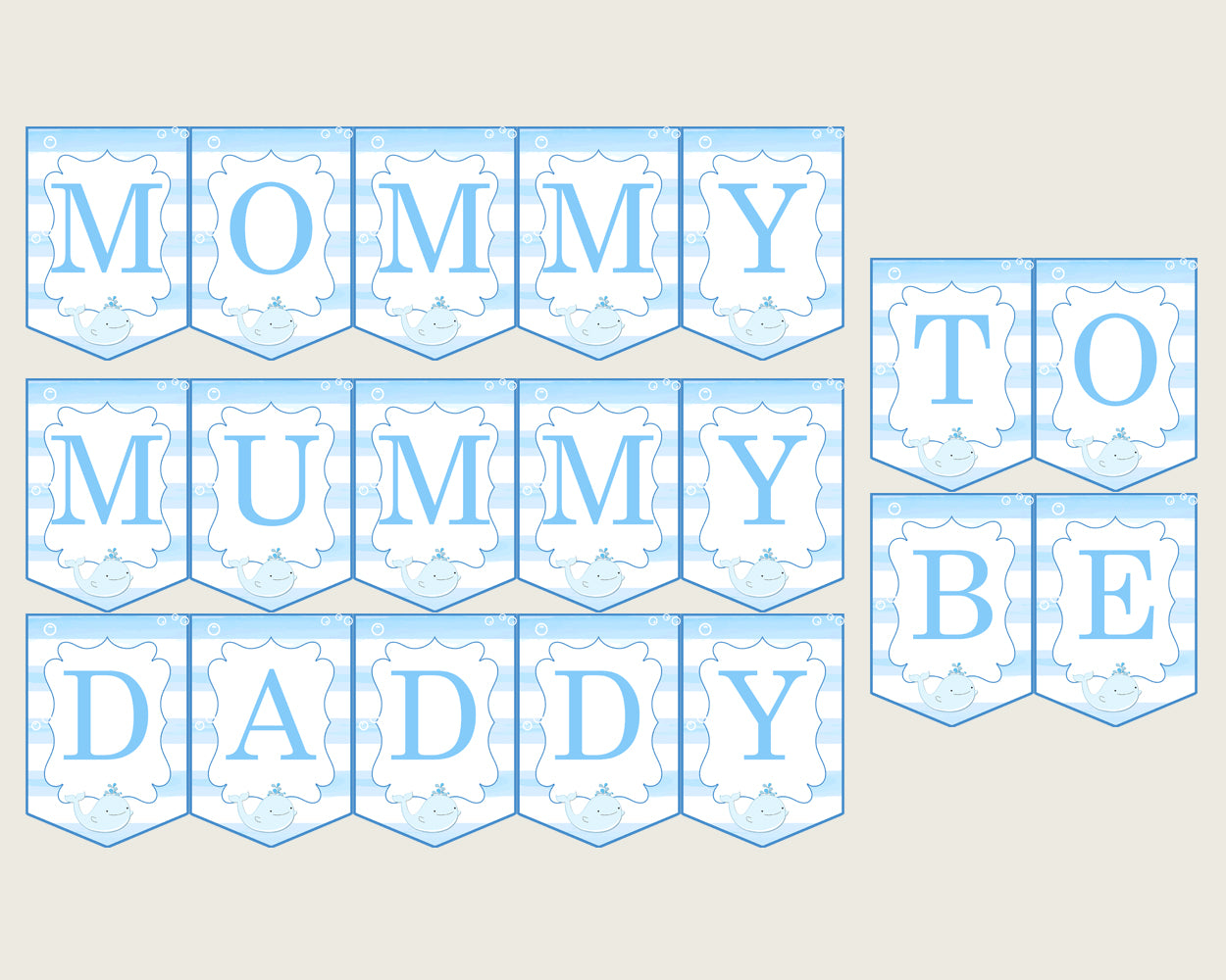 Whale Baby Shower Chair Banner Printable, Blue White Chair Banner, Boy Shower, Mama To Be, Mommy, Dad Mom To Be, Instant Download, wbl01