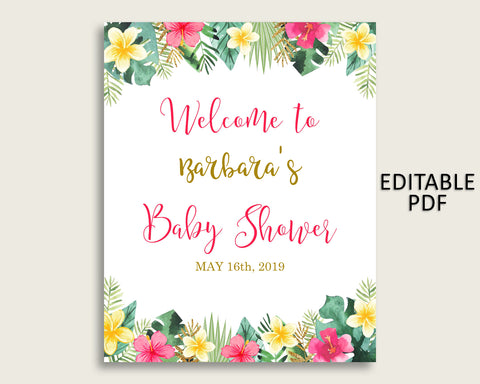 Pink Green Hawaiian Baby Shower Welcome Sign Printable, Party Large Sign, Editable Welcome Sign Girl, Yard Sign, Instant Download, 955MG