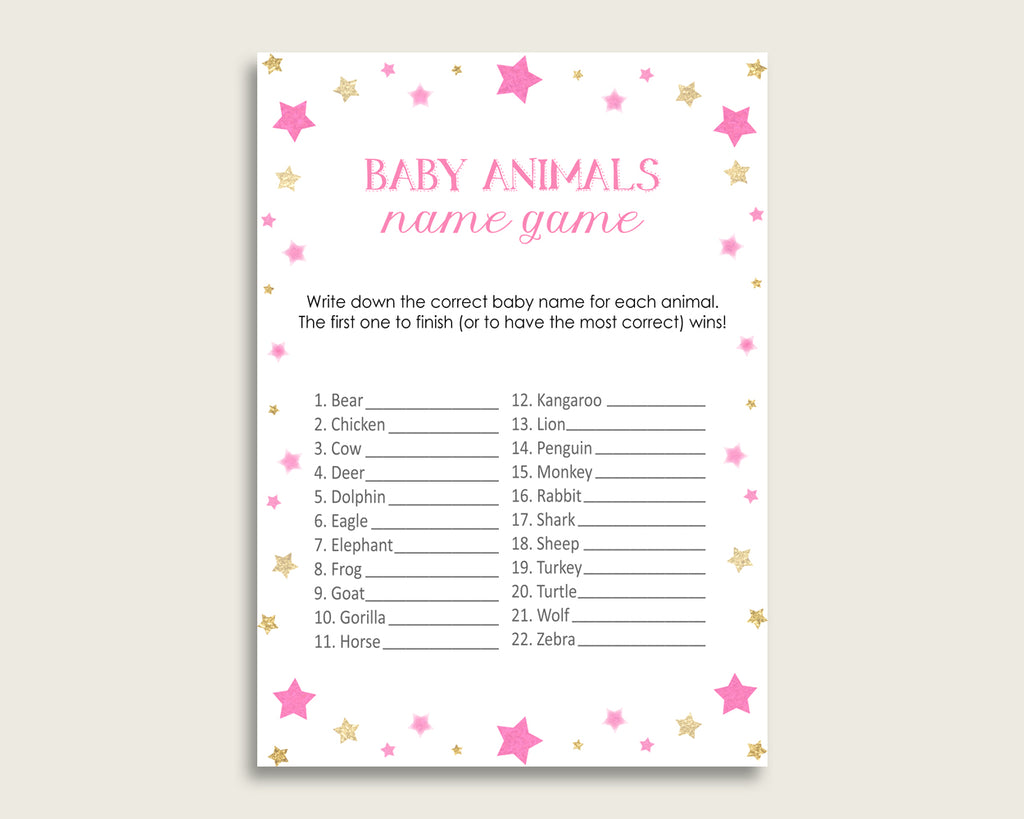 Twinkle Star Name The Baby Animals Game Printable, Pink Gold Baby Shower Animal Game, Girl Baby Shower, Instant Download, Cute Stars, bsg01