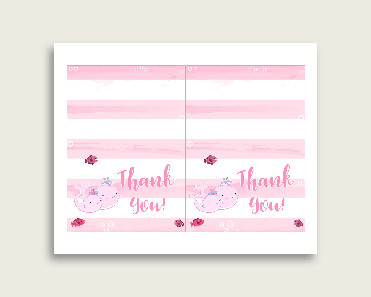 Pink White Thank You Cards Printable, Pink Whale Baby Shower Thank You Notes, Girl Shower Thank You Folded, Instant Download, Popular wbl02