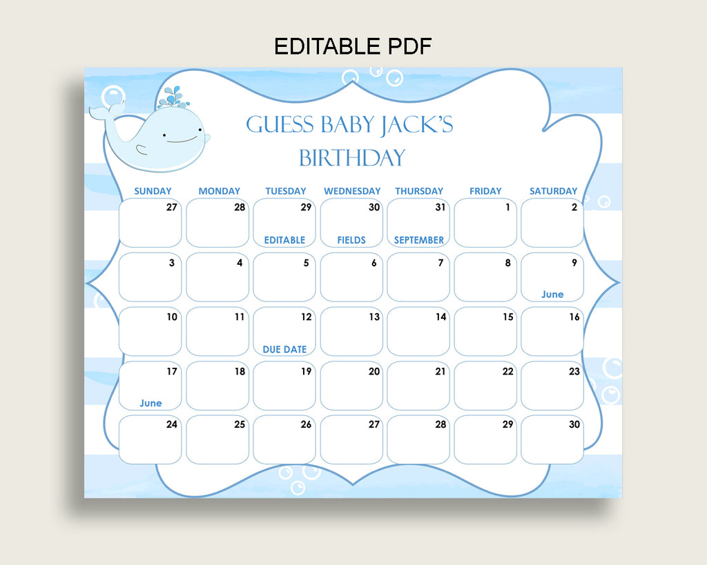 Blue White Guess Baby Due Date Calendar Game Printable, Whale Baby Shower Boy Birthday Prediction Calendar Editable, Instant Download wbl01