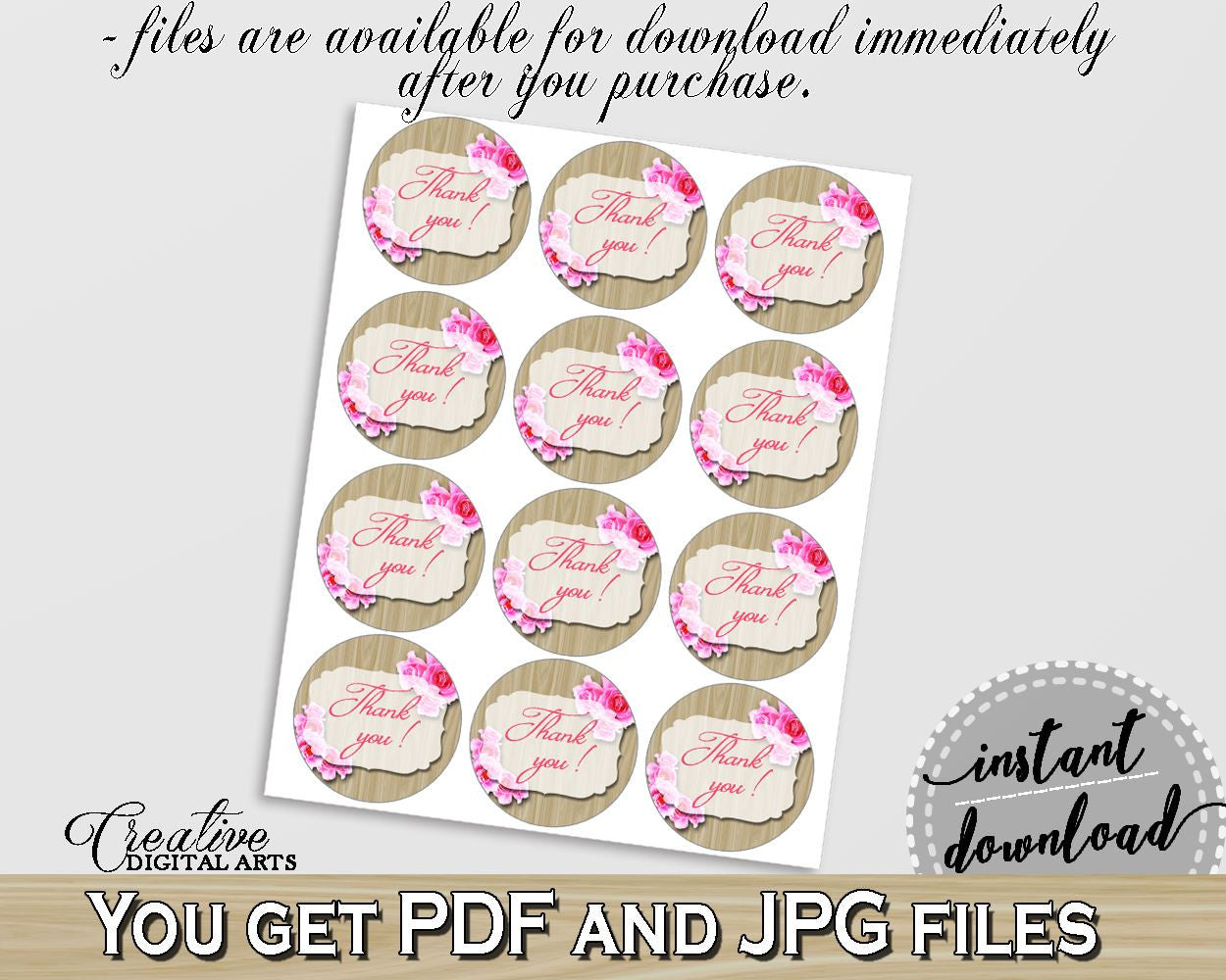 Thank You Tag in Roses On Wood Bridal Shower Pink And Beige Theme, round favour tags, couple shower, party supplies, party décor - B9MAI - Digital Product