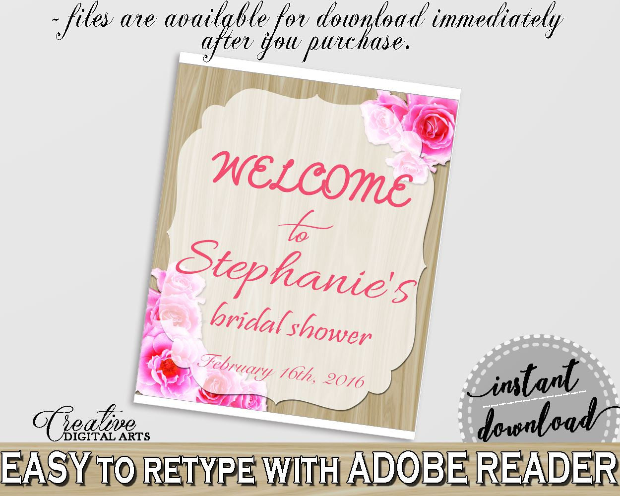 Roses On Wood Bridal Shower Bridal Shower Welcome Sign Editable in Pink And Beige, door sign, wood and roses, party plan, prints - B9MAI - Digital Product