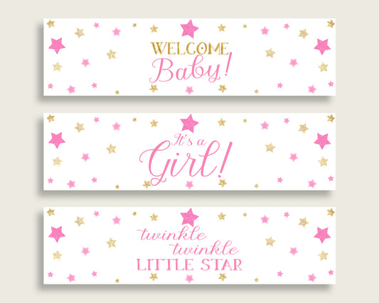 Pink Gold Water Bottle Labels Printable, Twinkle Star Water Bottle Wraps, Twinkle Star Baby Shower Girl Bottle Wrappers, Instant bsg01