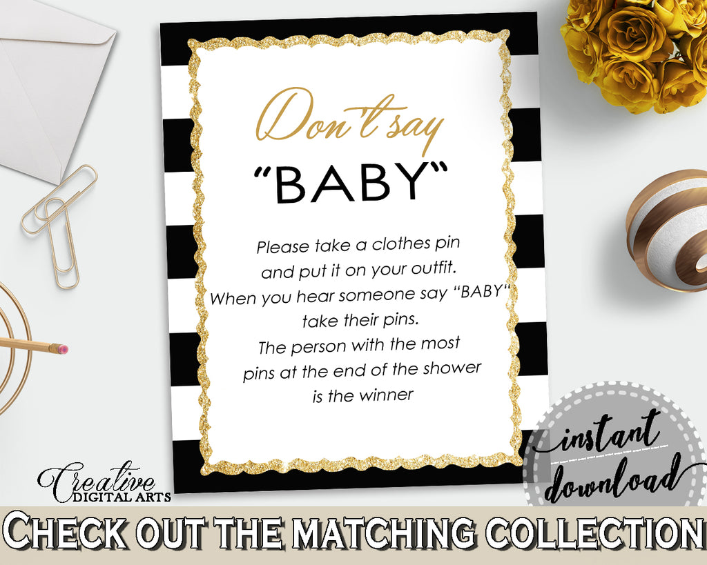 DON'T SAY BABY game for baby shower with black white stripes theme printable glitter gold, digital files, Jpg Pdf, instant download - bs001